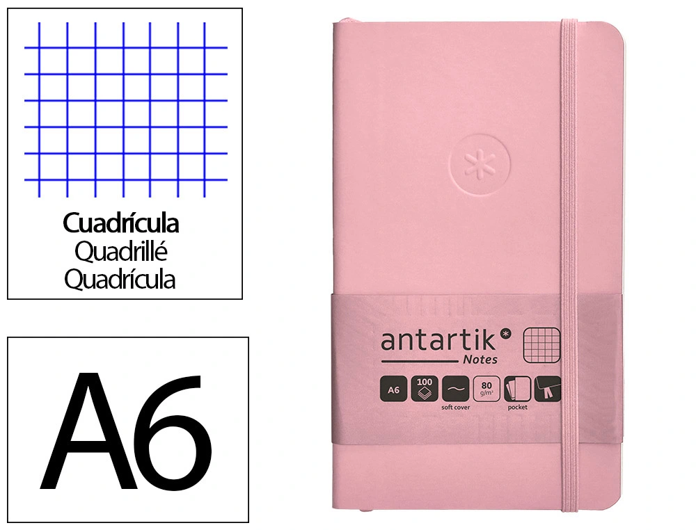 [170167] Cuaderno con gomilla antartik notes tapa blanda a6 cuadricula rosa pastel 100 hojas 80 gr fsc