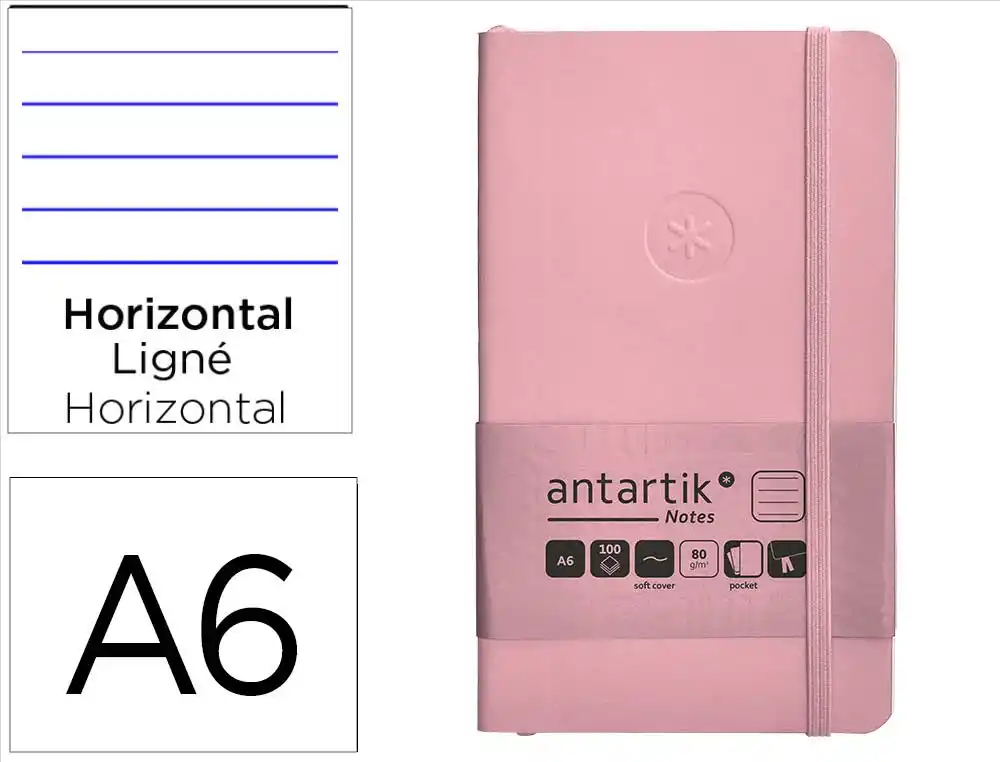 Cuaderno con gomilla antartik notes tapa blanda a6 rayas rosa pastel 100 hojas 80 gr fsc