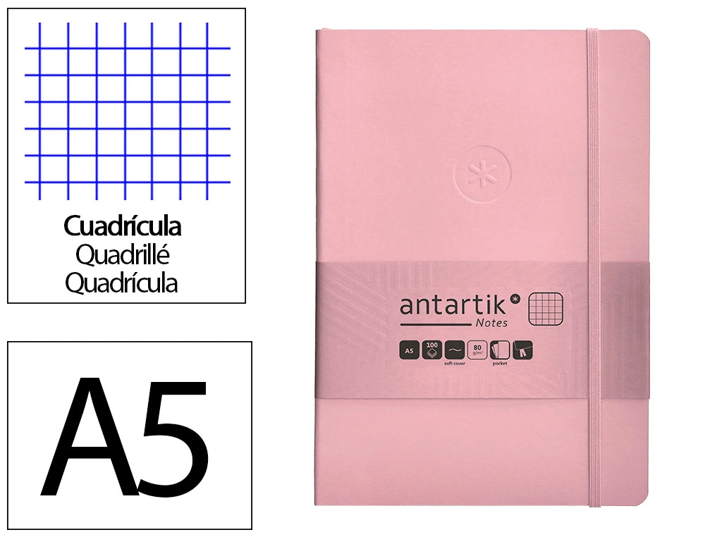 [170164] Cuaderno con gomilla antartik notes tapa blanda a5 hojas cuadricula rosa pastel 80 hojas 80 gr fsc