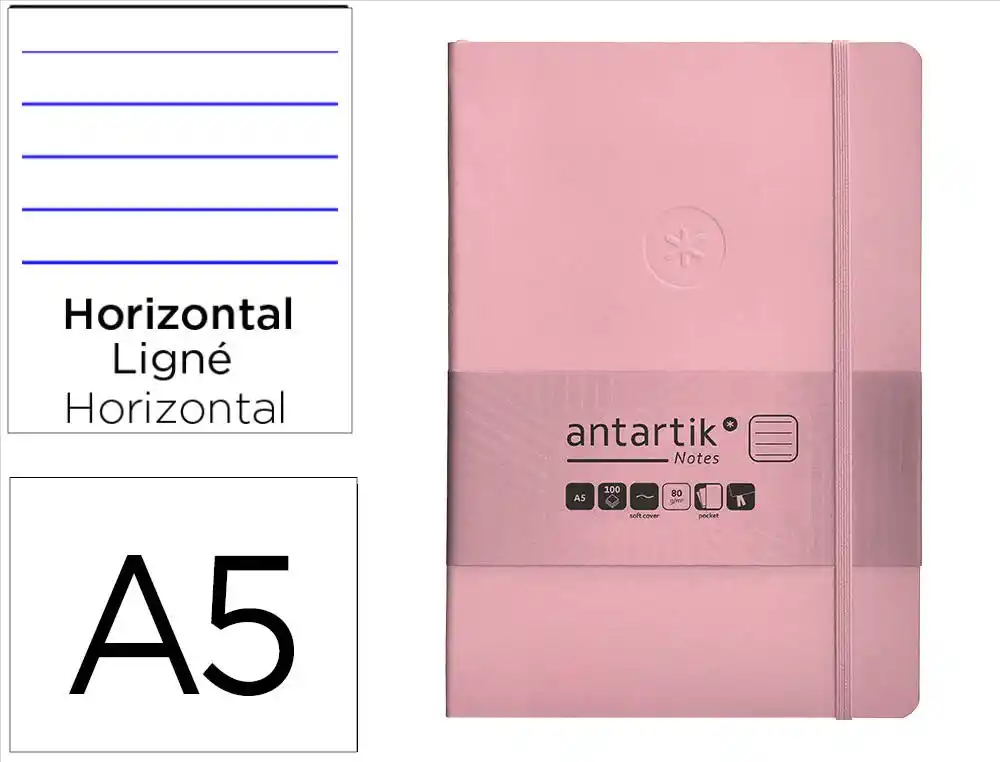 [170163] Cuaderno con gomilla antartik notes tapa blanda a5 hojas rayas rosa pastel 80 hojas 80 gr fsc