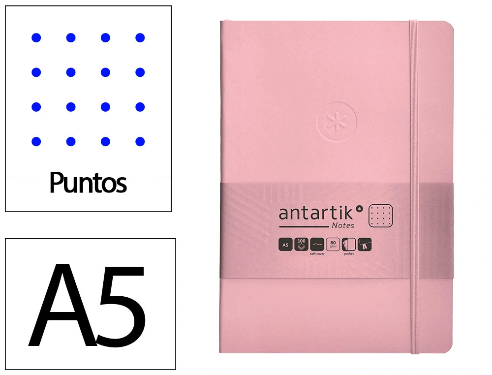 [170162] Cuaderno con gomilla antartik notes tapa blanda a5 hojas puntos rosa pastel 80 hojas 80 gr fsc
