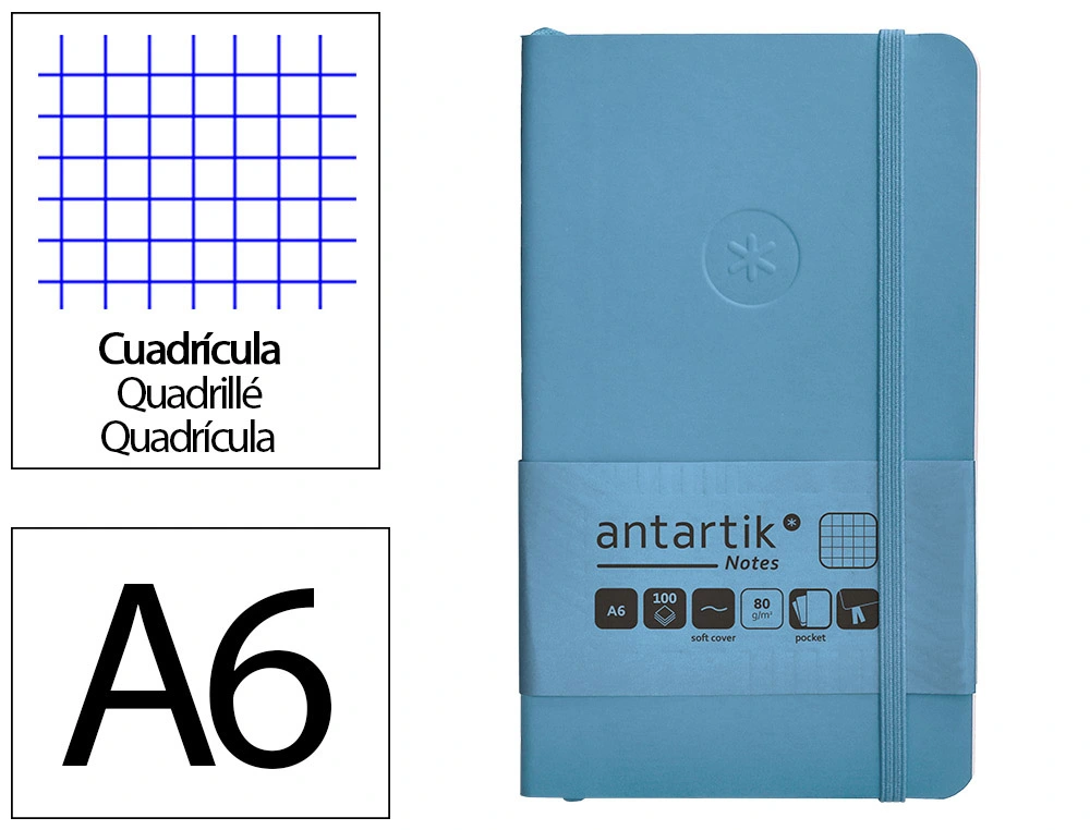 [170160] Cuaderno con gomilla antartik notes tapa blanda a6 cuadricula azul claro 100 hojas 80 gr fsc