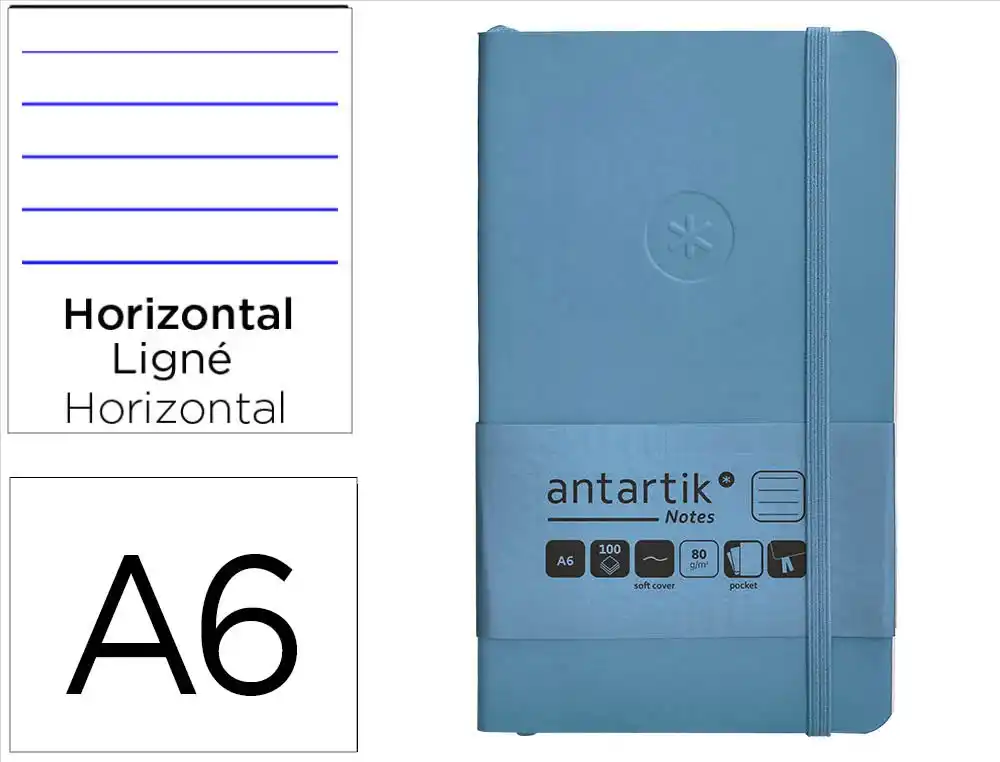 [170159] Cuaderno con gomilla antartik notes tapa blanda a6 rayas azul claro 100 hojas 80 gr fsc