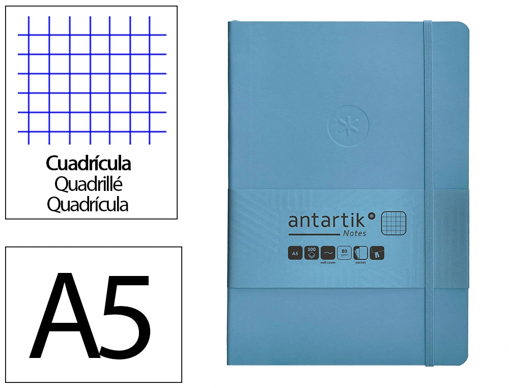 [170157] Cuaderno con gomilla antartik notes tapa blanda a5 hojas cuadricula azul claro 80 hojas 80 gr fsc