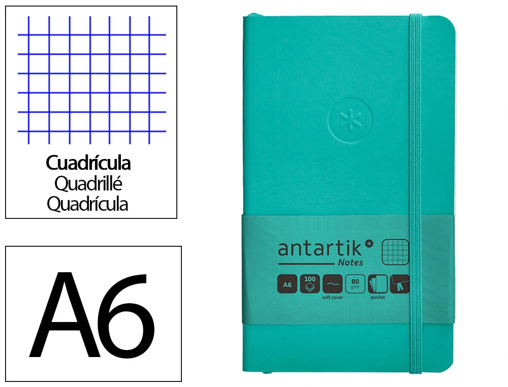 [170153] Cuaderno con gomilla antartik notes tapa blanda a6 cuadricula turquesa 100 hojas 80 gr fsc