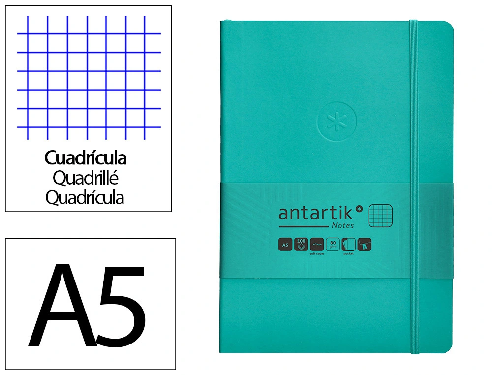 [170150] Cuaderno con gomilla antartik notes tapa blanda a5 hojas cuadricula turquesa 80 hojas 80 gr fsc