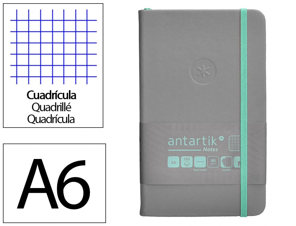 [170086] Cuaderno con gomilla antartik notes tapa dura a6 hojas cuadricula gris y turquesa 100 hojas 80 gr fsc