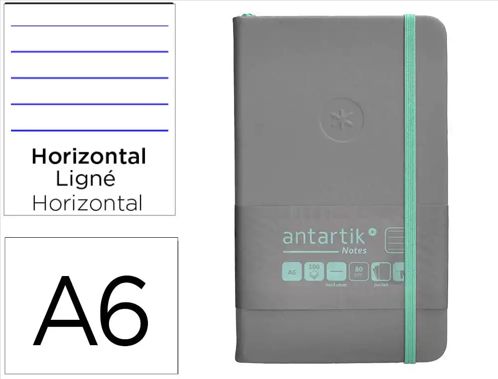 [170085] Cuaderno con gomilla antartik notes tapa dura a6 hojas rayas gris y turquesa 100 hojas 80 gr fsc