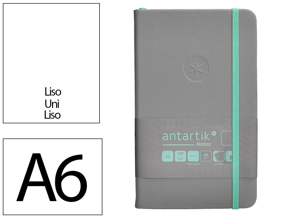 [170084] Cuaderno con gomilla antartik notes tapa dura a6 hojas lisas gris y turquesa 100 hojas 80 gr fsc