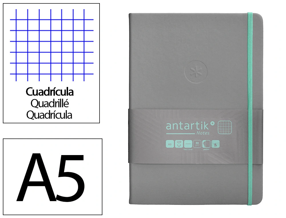 [170083] Cuaderno con gomilla antartik notes tapa dura a5 hojas cuadricula gris y turquesa 100 hojas 80 gr fsc