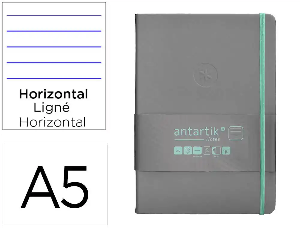 [170082] Cuaderno con gomilla antartik notes tapa dura a5 hojas rayas gris y turquesa 100 hojas 80 gr fsc