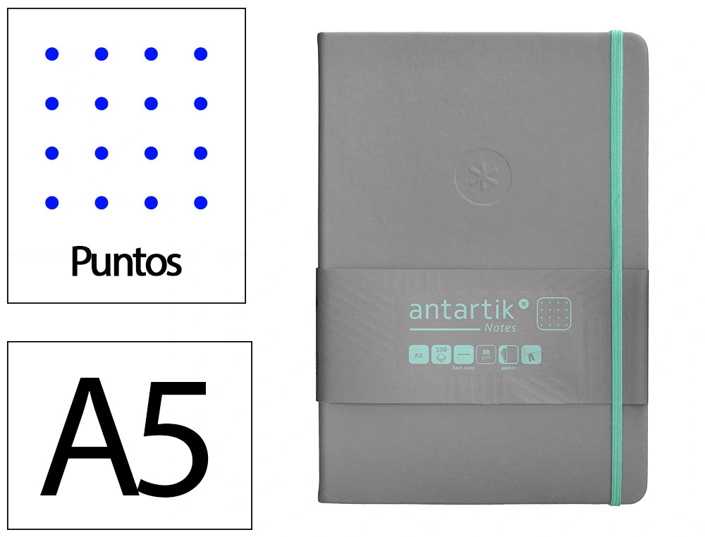 [170081] Cuaderno con gomilla antartik notes tapa dura a5 hojas puntos gris y turquesa 100 hojas 80 gr fsc