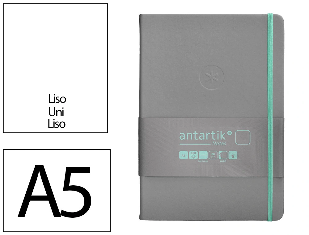 [170080] Cuaderno con gomilla antartik notes tapa dura a5 hojas lisas gris y turquesa 100 hojas 80 gr fsc