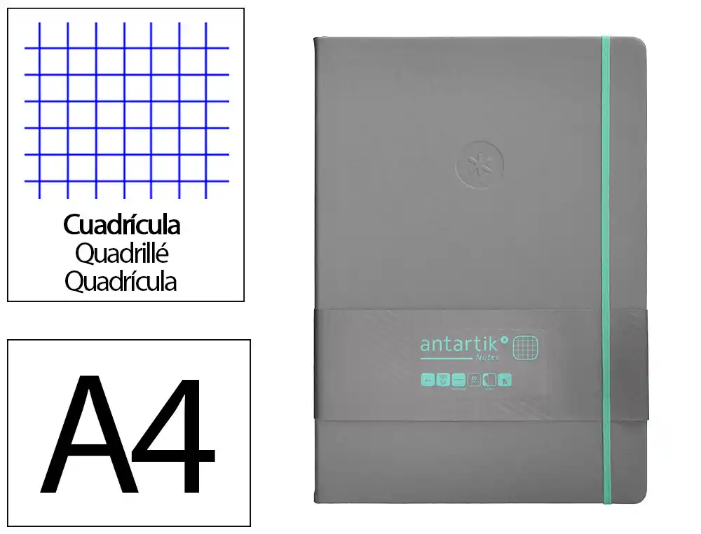 [170079] Cuaderno con gomilla antartik notes tapa dura a4 hojas cuadricula gris y turquesa 100 hojas 80 gr fsc