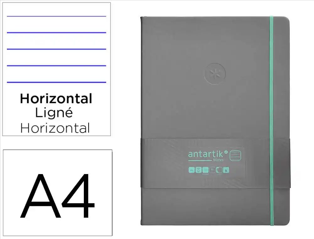 [170078] Cuaderno con gomilla antartik notes tapa dura a4 hojas rayas gris y turquesa 100 hojas 80 gr fsc