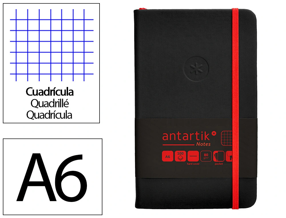 [170074] Cuaderno con gomilla antartik notes tapa dura a6 hojas cuadricula negro y rojo 100 hojas 80 gr fsc