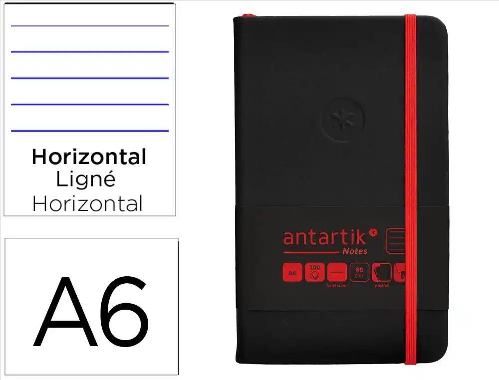 [170073] Cuaderno con gomilla antartik notes tapa dura a6 hojas rayas negro y rojo 100 hojas 80 gr fsc