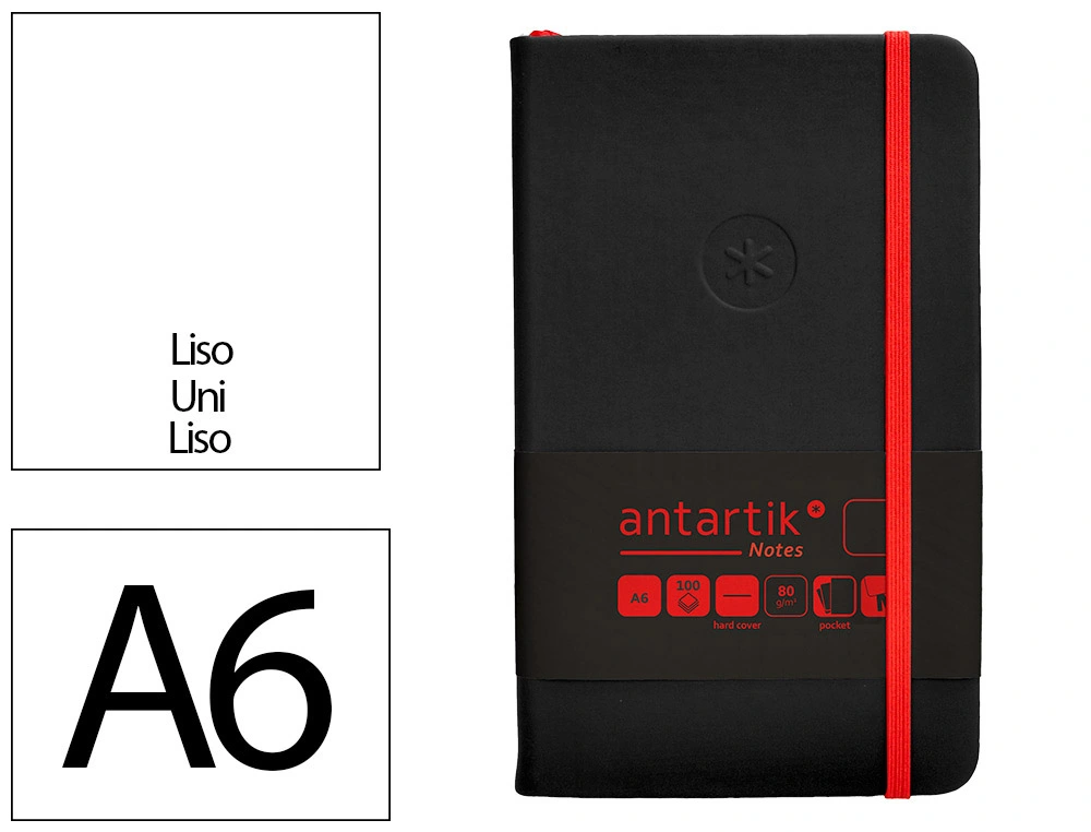 [170072] Cuaderno con gomilla antartik notes tapa dura a6 hojas lisas negro y rojo 100 hojas 80 gr fsc