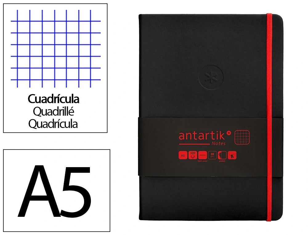 [170071] Cuaderno con gomilla antartik notes tapa dura a5 hojas cuadricula negro y rojo 100 hojas 80 gr fsc