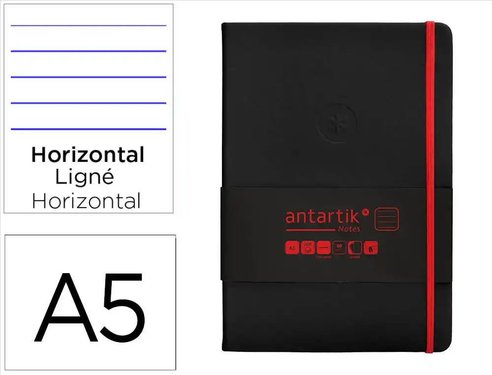 [170070] Cuaderno con gomilla antartik notes tapa dura a5 hojas rayas negro y rojo 100 hojas 80 gr fsc
