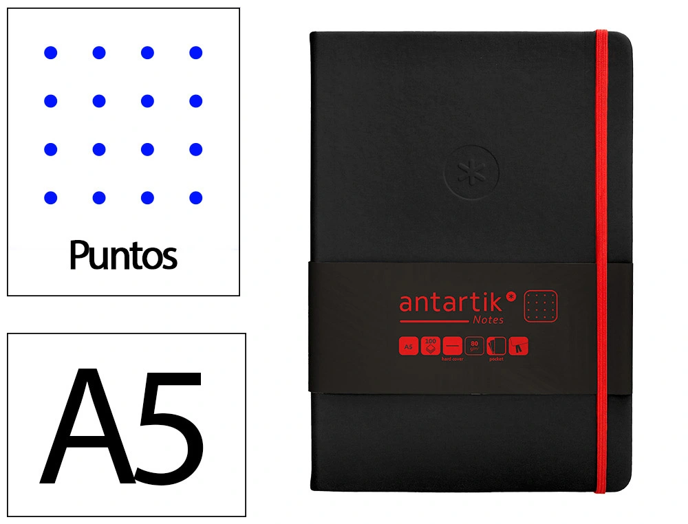 [170069] Cuaderno con gomilla antartik notes tapa dura a5 hojas puntos negro y rojo 100 hojas 80 gr fsc