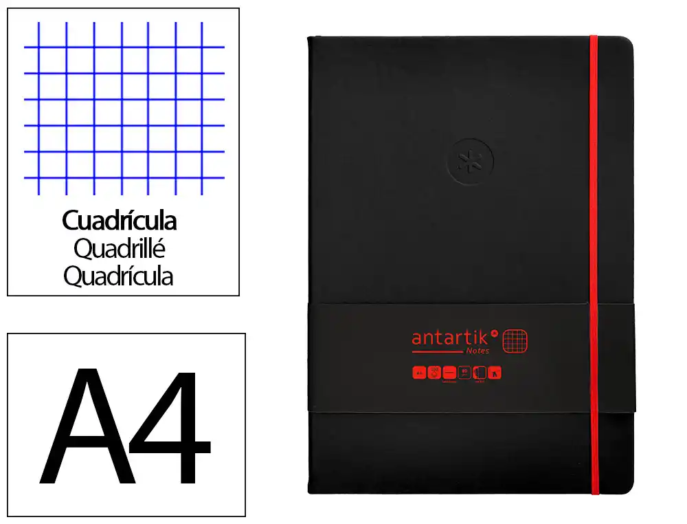 [170067] Cuaderno con gomilla antartik notes tapa dura a4 hojas cuadricula negro y rojo 100 hojas 80 gr fsc