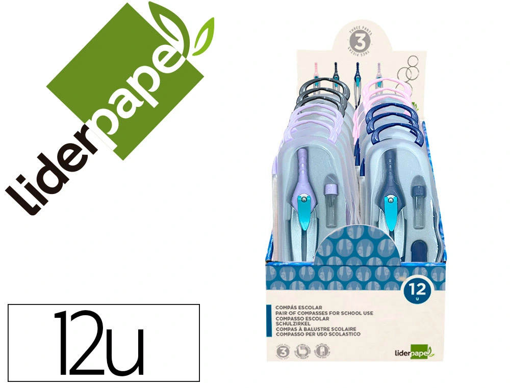 [169721] Compas liderpapel lock device con adaptador universal y tubo de minas expositor con 12 unidades colores surtidos