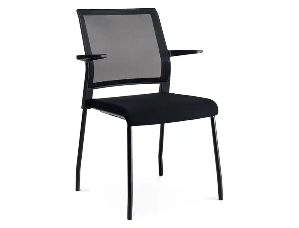 Silla rocada confidente brazos fijos estructura metalica asiento tela ignifuga negro respaldo malla