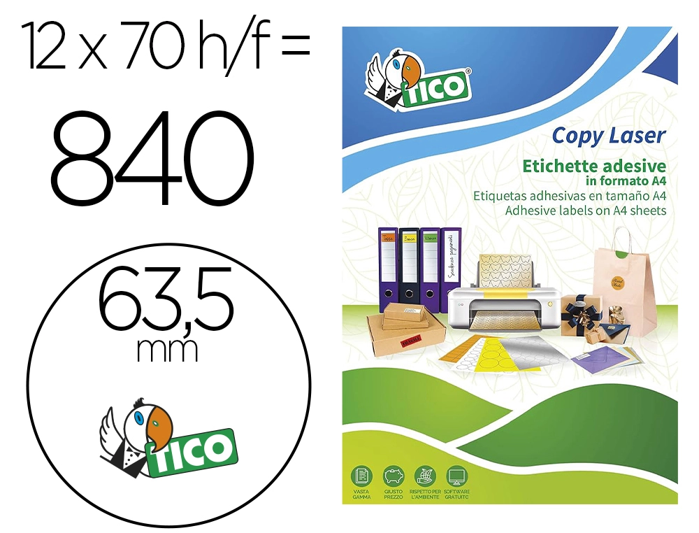 [169484] Etiqueta adhesiva tico verde f luorescentes permanente fsc laser/inkjet/fotocopia redonda 63,5mm caja de 840 unidades