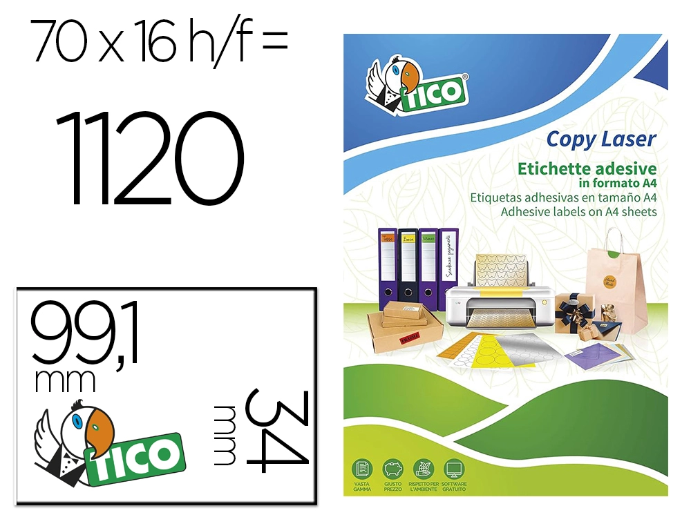[169477] Etiqueta adhesiva tico verde f luorescentes permanente fsc laser/inkjet/fotocopia 99,1x34 mmcaja de 1120 unidades