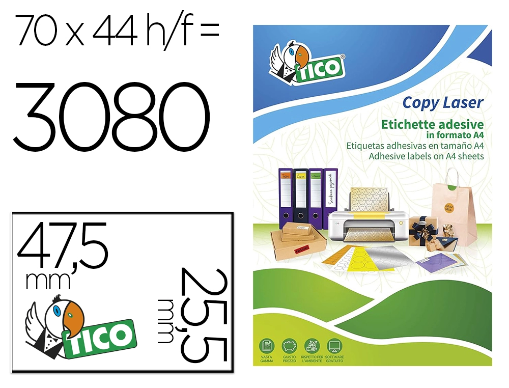 [169473] Etiqueta adhesiva tico verde f luorescentes permanente fsc laser/inkjet/fotocopia 47,5x25,5 mmcaja de 3080 unidades