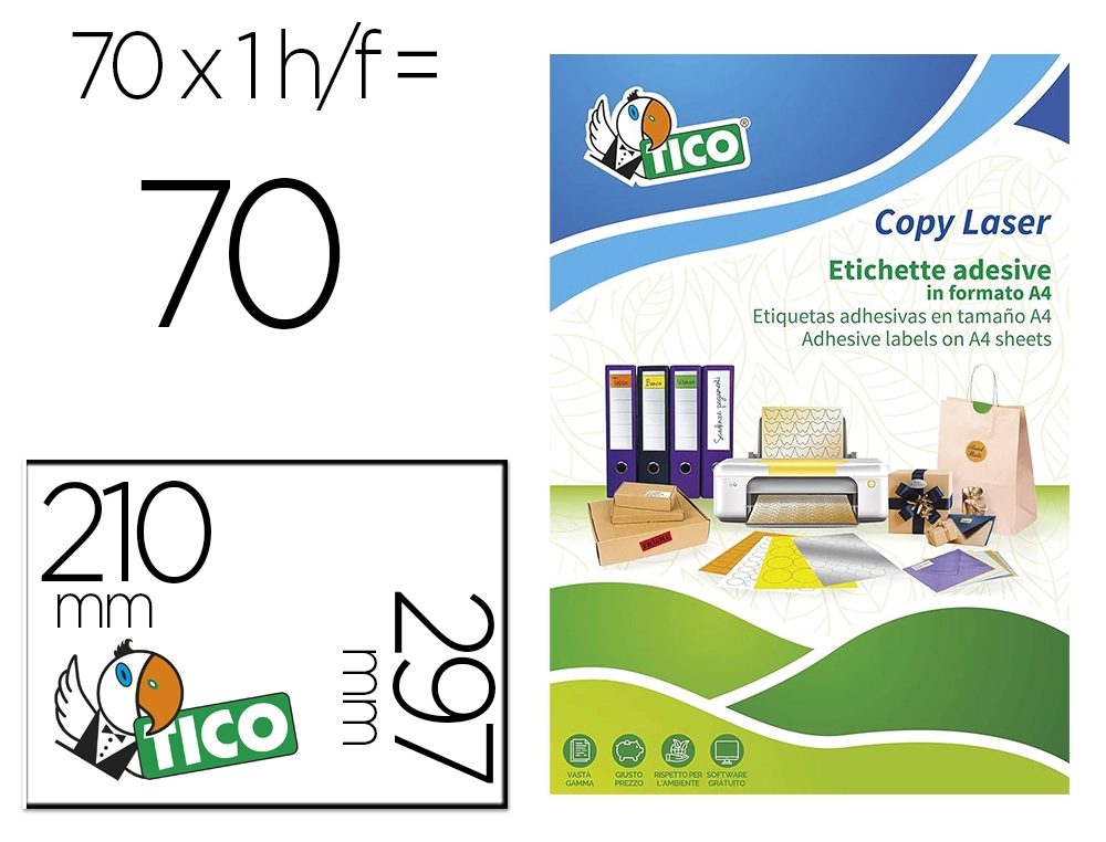[169469] Etiqueta adhesiva tico verde f luorescentes permanente fsc laser/inkjet/fotocopia 210x297 mmcaja de 70 unidades