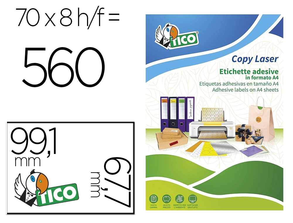 [169465] Etiqueta adhesiva tico verde f luorescentes permanente fsc laser/inkjet/fotocopia 99,1x67,7 mmcaja de 560 unidades