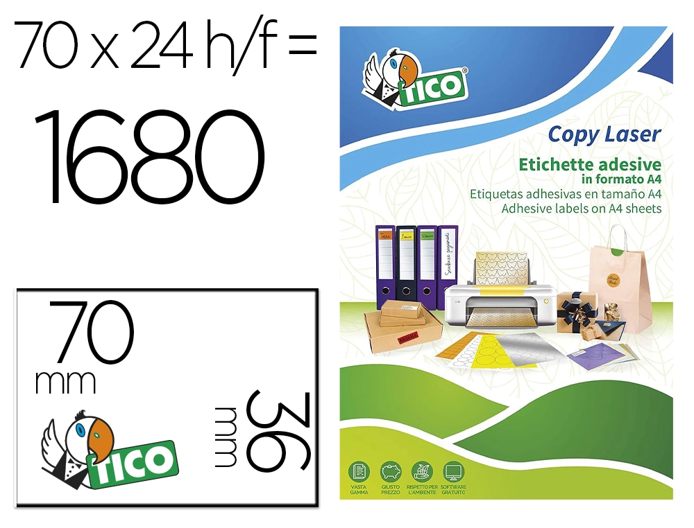 [169458] Etiqueta adhesiva tico amarill o fluorescenteses permanente fsc laser/inkjet/fotocopia 70x36mm caja de 1680 unidades