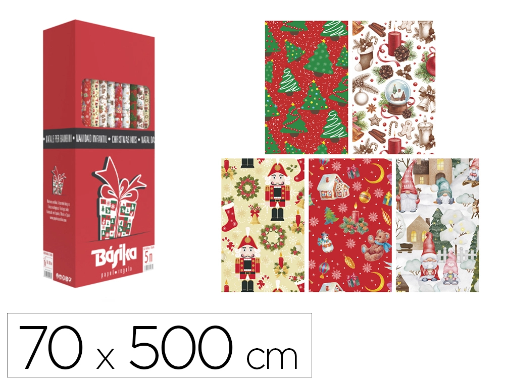 [169197] Papel de regalo basika navidad rollo ancho 70 cm longitud 5 m diseños surtidos gramaje 50 g
