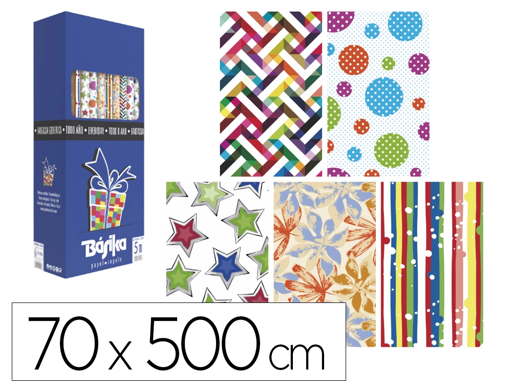 [169196] Papel de regalo basika todo año rollo ancho 70 cm longitud 5 m modelos surtidos gramaje 50 g