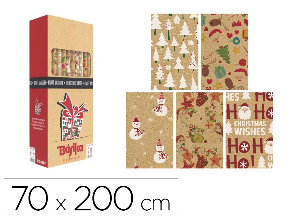 Papel de regalo basika kraft navidad rollo ancho 70 cm longitud 2 m diseños surtidos gramaje 50 g