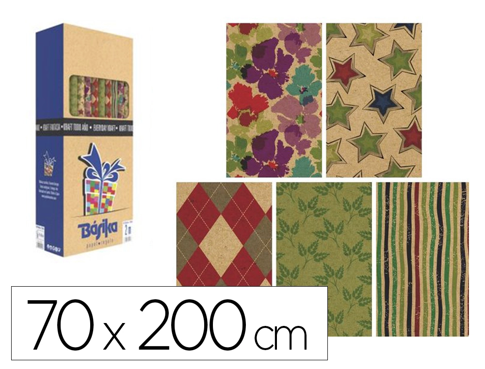[169194] Papel de regalo basika kraft todo año rollo ancho 70 cm longitud 2 m diseños surtidos gramaje 50 g