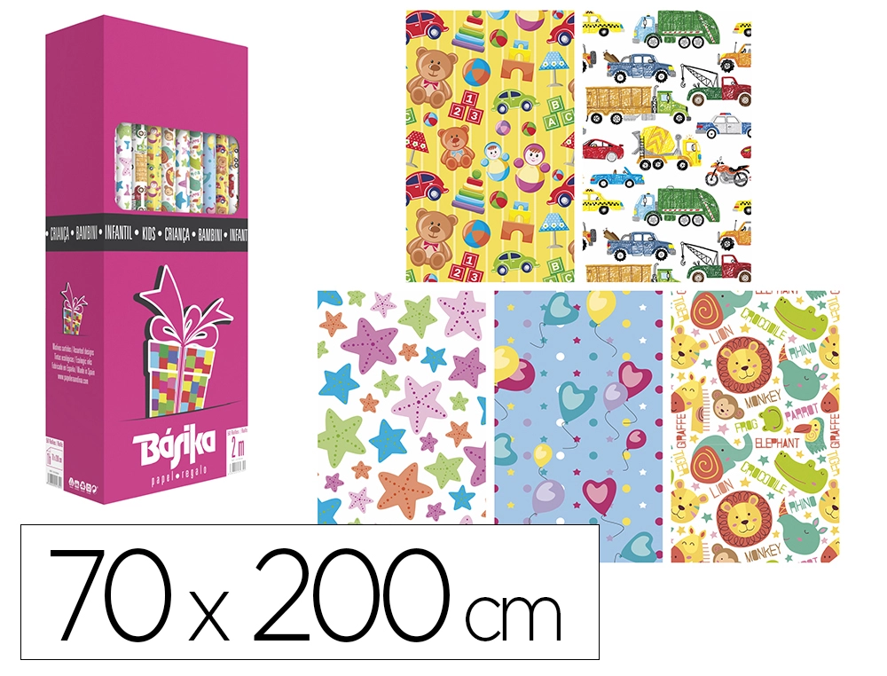 [169192] Papel de regalo basika infantil rollo ancho 70 cm longitud 2 m diseños surtidos gramaje 60 g