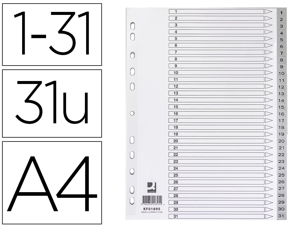 [168911] Separador numerico q-connect plastico 1-31 juego de 31 separadores din a4 multitaladro