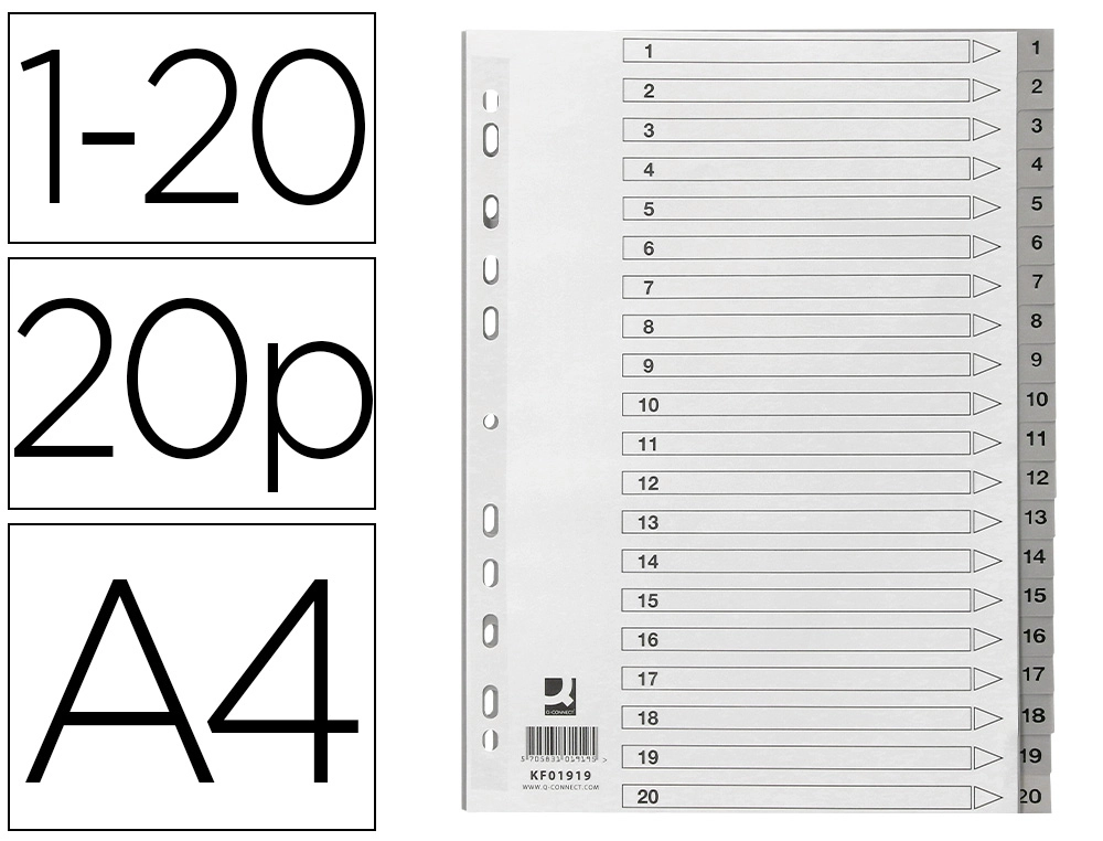 [168910] Separador numerico q-connect plastico 1-20 juego de 20 separadores din a4 multitaladro