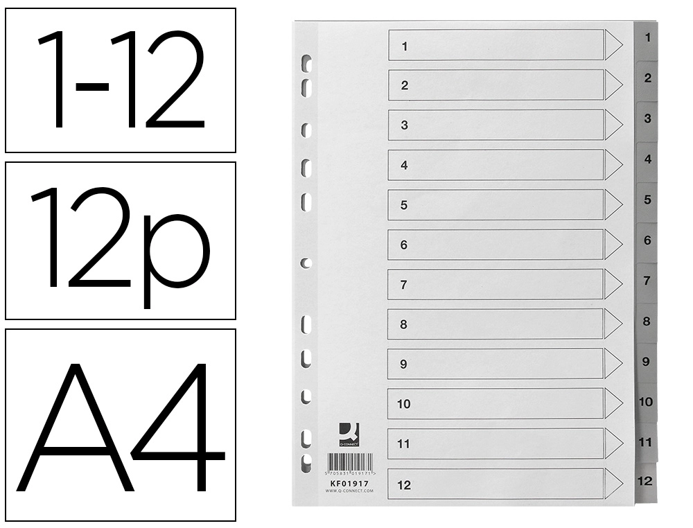 [168909] Separador numerico q-connect plastico 1-12 juego de 12 separadores din a4 multitaladro