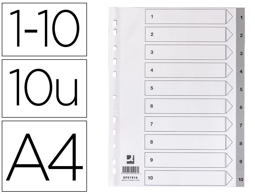 [168908] Separador numerico q-connect plastico 1-10 juego de 10 separadores din a4 multitaladro
