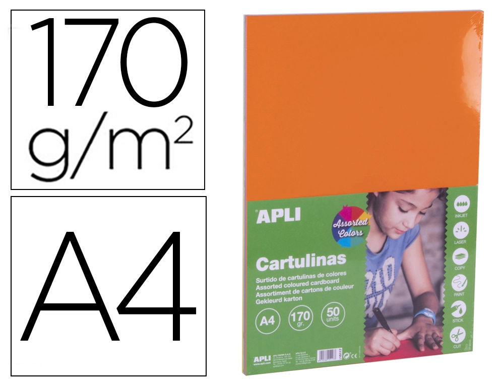 [168192] Cartulina apli din a4 170g/m2 colores intensos surtidos paquete de 50 hojas