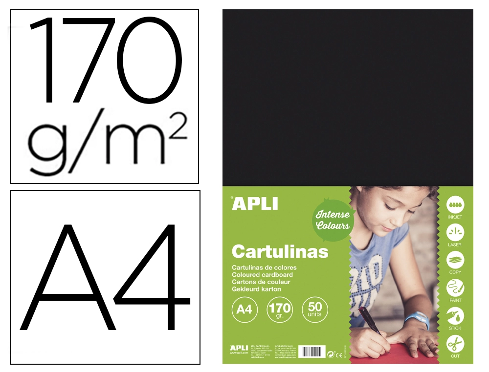 [168191] Cartulina apli din a4 170g/m2 negro paquete de 50 hojas