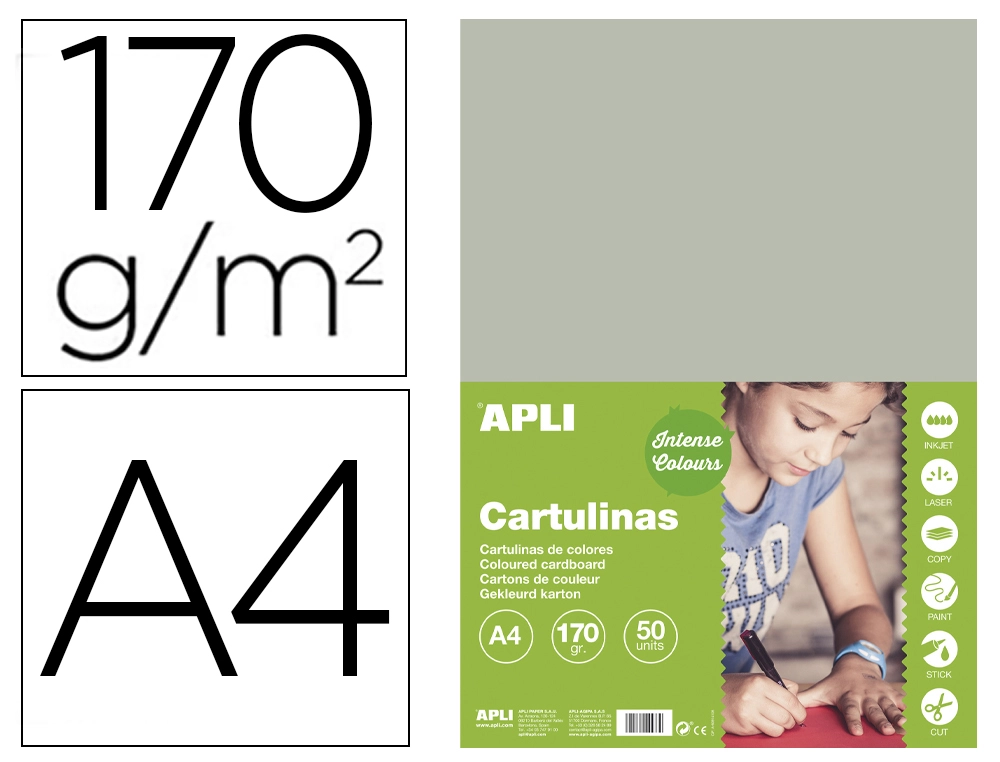 [168186] Cartulina apli din a4 170g/m2 gris paquete de 50 hojas