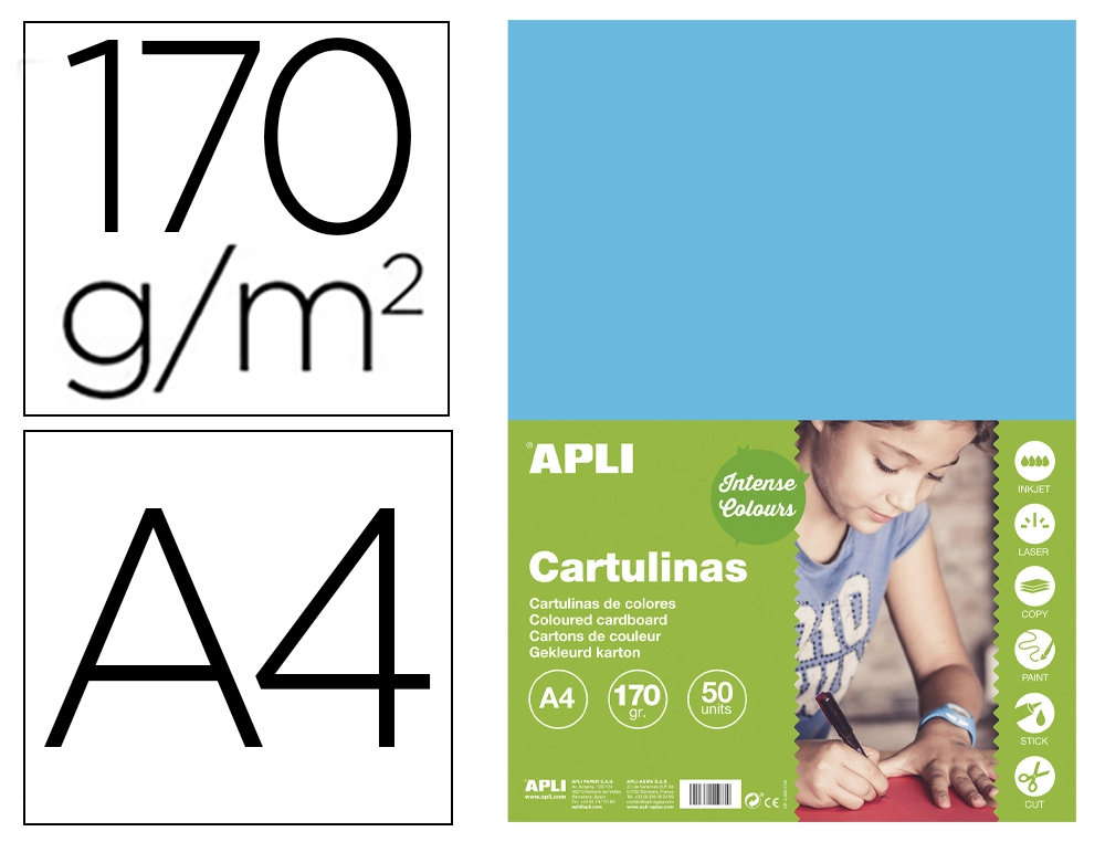 [168185] Cartulina apli din a4 170g/m2 azul cielo paquete de 50 hojas