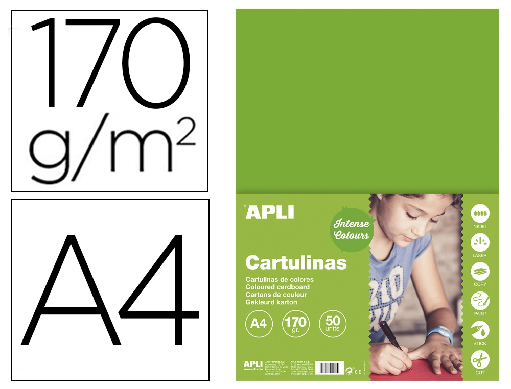 [168184] Cartulina apli din a4 170g/m2 verde hierba paquete de 50 hojas