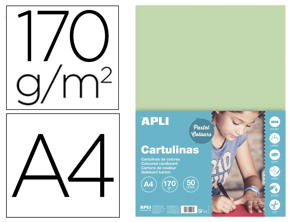 [168178] Cartulina apli din a4 170g/m2 verde esmeralda paquete de 50 hojas