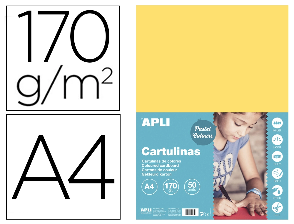 [168175] Cartulina apli din a4 170g/m2 amarillo claro paquete de 50 hojas